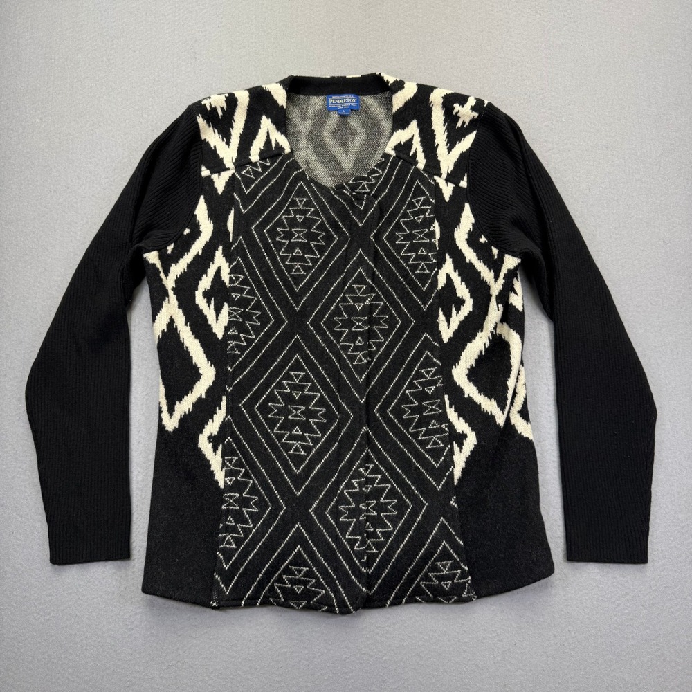 Pendleton Womens Large Black White 100% Lambswool Full Zip Geometric Cardigan